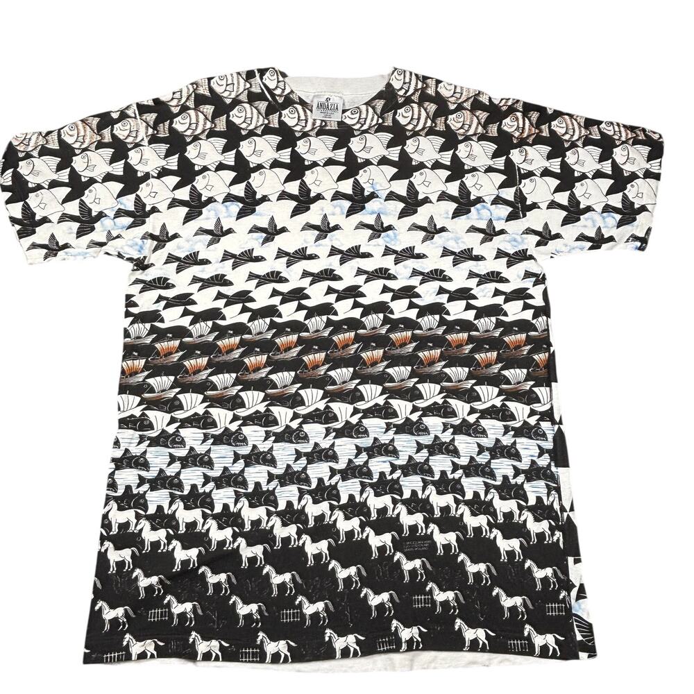 90s Vintage MC Escher Art Tee L Black AOP Andazia Journey to Infinity USA Made
